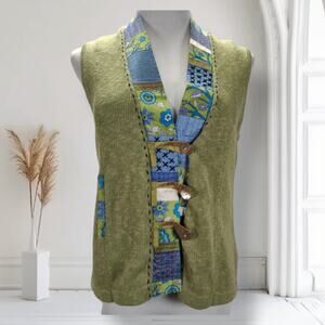 Icelandic Design Linen Knit Vest Patchwork Collar Abalone Buttons Artwear S